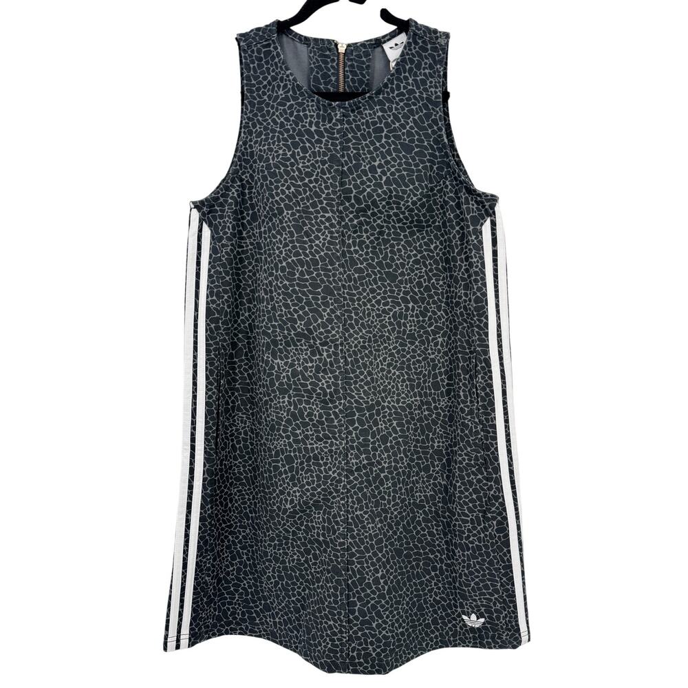 Adidas AOP Dungaree Denim Animal Print Sleeveless Shift Dress Sz L Gray 3 Stripe